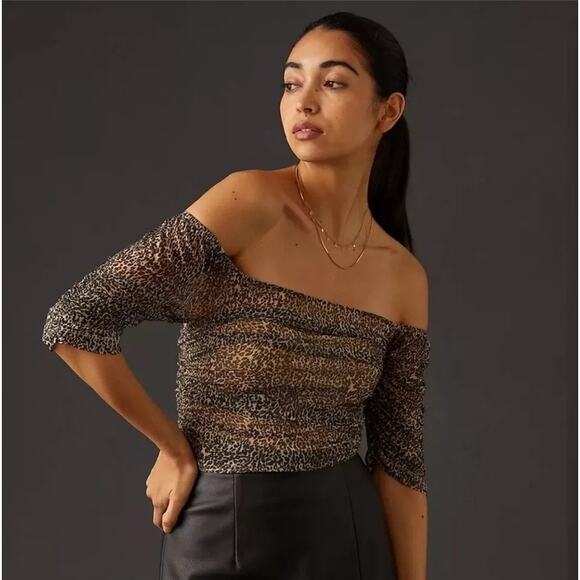 [Anthropologie] Brown Leopard Print Ruched Mesh Off the Shoulder Blouse Sz Large - Picture 1 of 12
